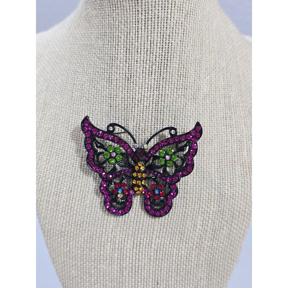 Vintage Rhinestone Butterfly Brooch Pin Floral Black Gun Metal Japanned Finish